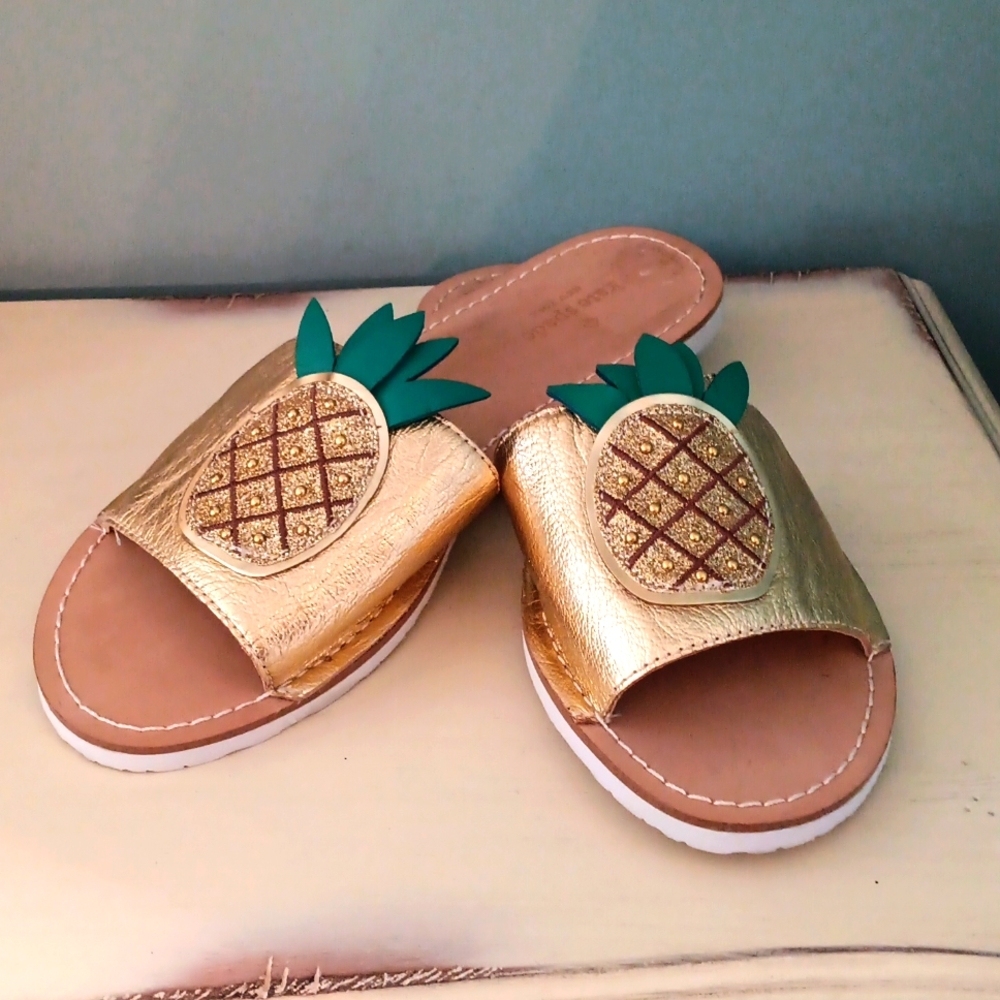 & KATE SPADE Gold Leather Ibis Pineapple Slide Sandals